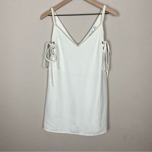 Bishop + Young White Plunging Neck and Back Line Mini Dress